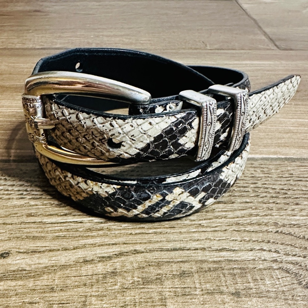 Brighton Womens Leather Snake Print Belt Size Small Off White Black